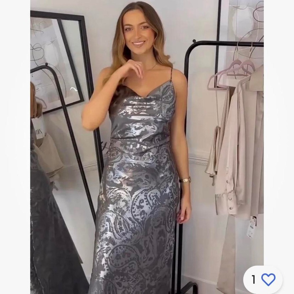 New Zara Silver Gray Foil Printed Metallic Midi Slip Dress 8704/734 Medium